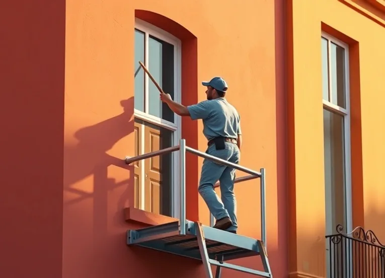 Peintre sur échafaudage traitant la façade d'une maison