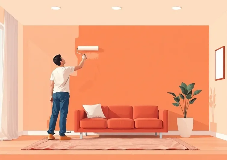 Peintre appliquant la peinture au rouleau sur un mur de salon